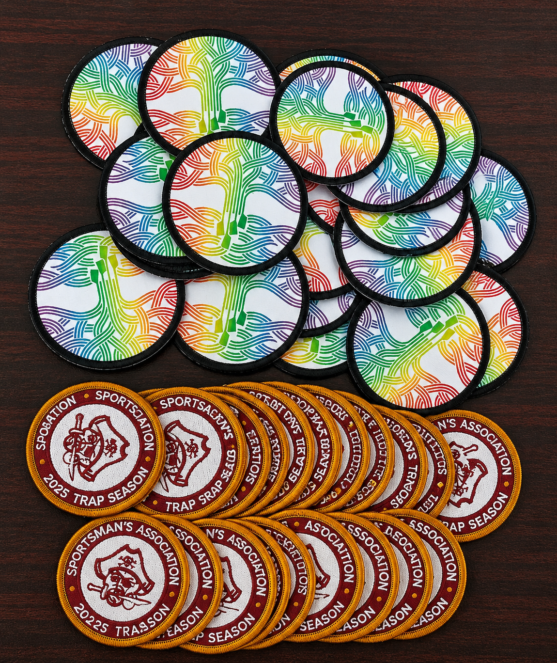 Geometric pattern patches and sportsman association designs
